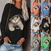 Women&lsquo;s Round Neck Pullover Cat Printed Long Sleeve T-shirt