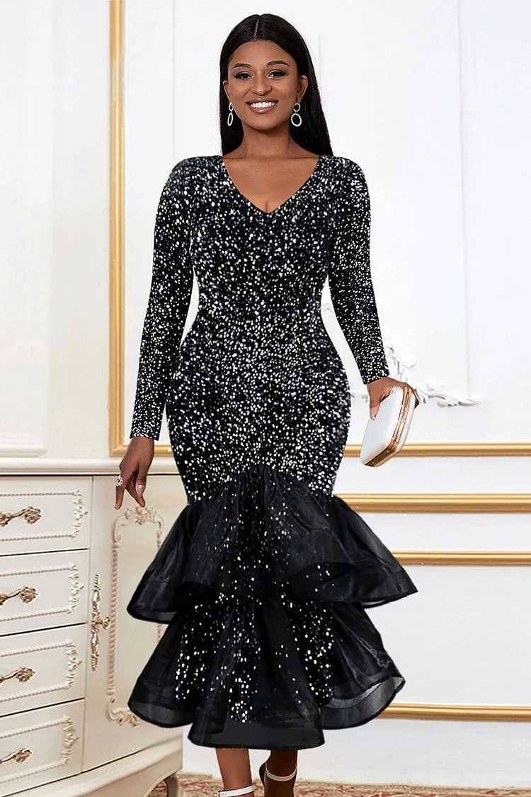 V Neck Sequins Long Sleeve Bodycon Tulle Patchwork Ruffled Birthday Party Midi Dresses