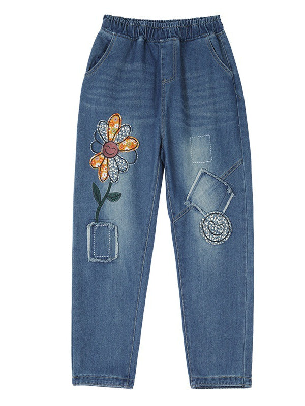 Women's loose Casual Vintage Patch Embroidered Oversized Jeans Pants