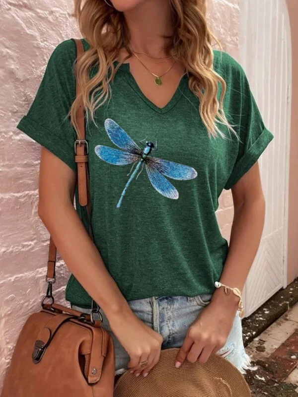 Dragonfly Printed V-Neck Casual Tee