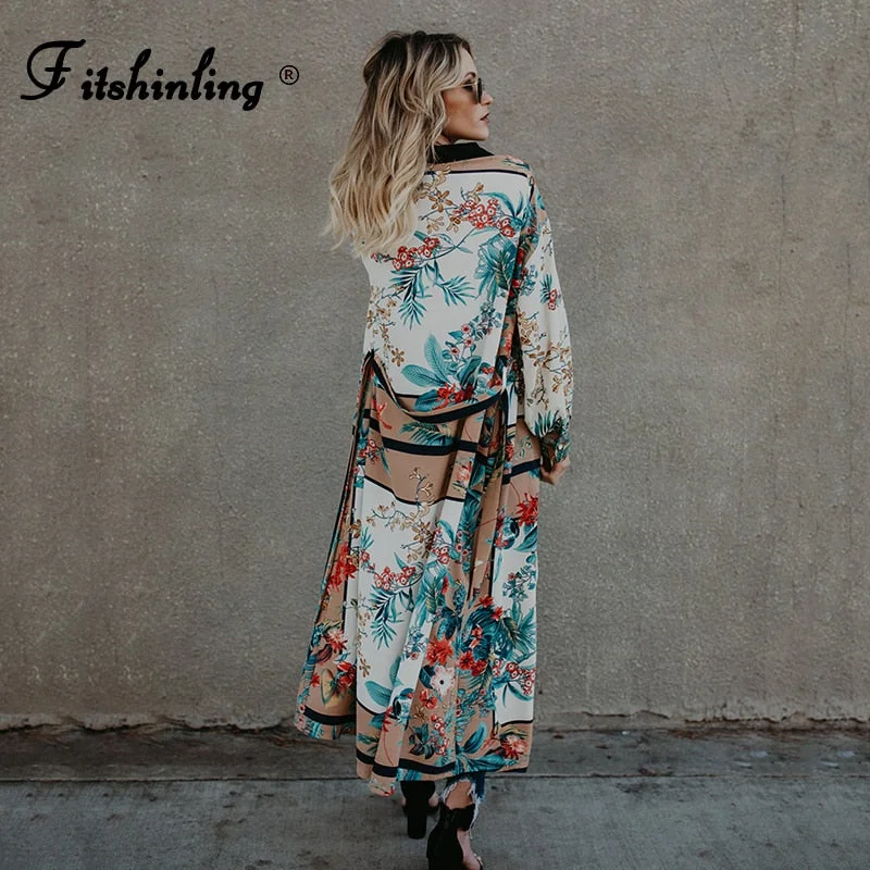 Fitshinling Print Vintage Kimono Beach Cover Up With Sashes Bohemian 2021 New Arrival Holiday Long Cardigan Long Sleeve Outing