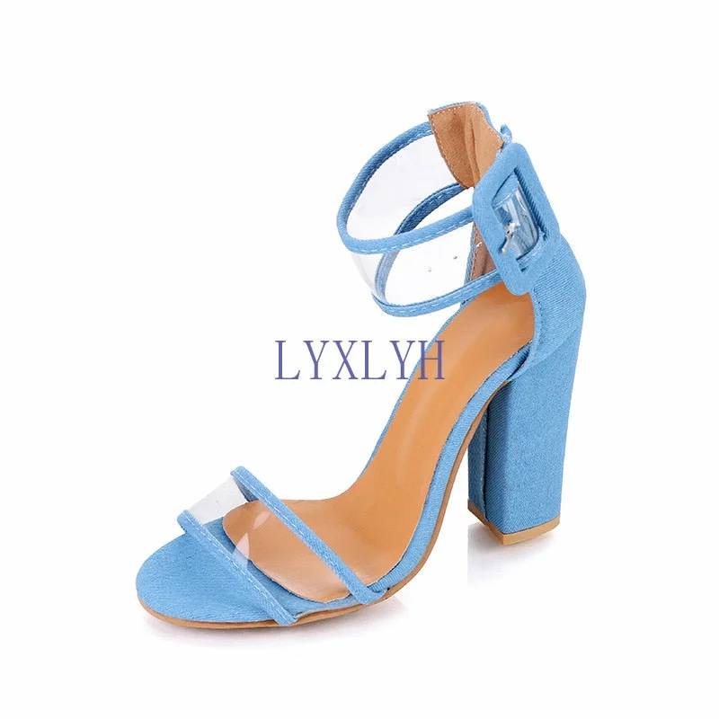 New Summer Transparent High-heeled Sandals Fashion Chunky Buckle Women's Shoes Big Size Wedding Shoes High Heels