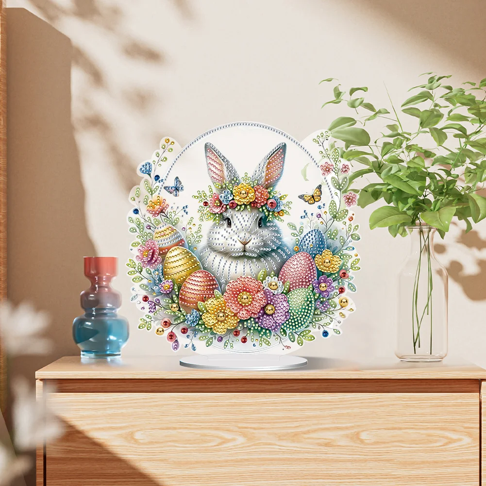 DIY Easter Cute Rabbit Egg Single-Sided Acrylic Diamond Painting Tabletop Ornament for Home Office Desktop Decor