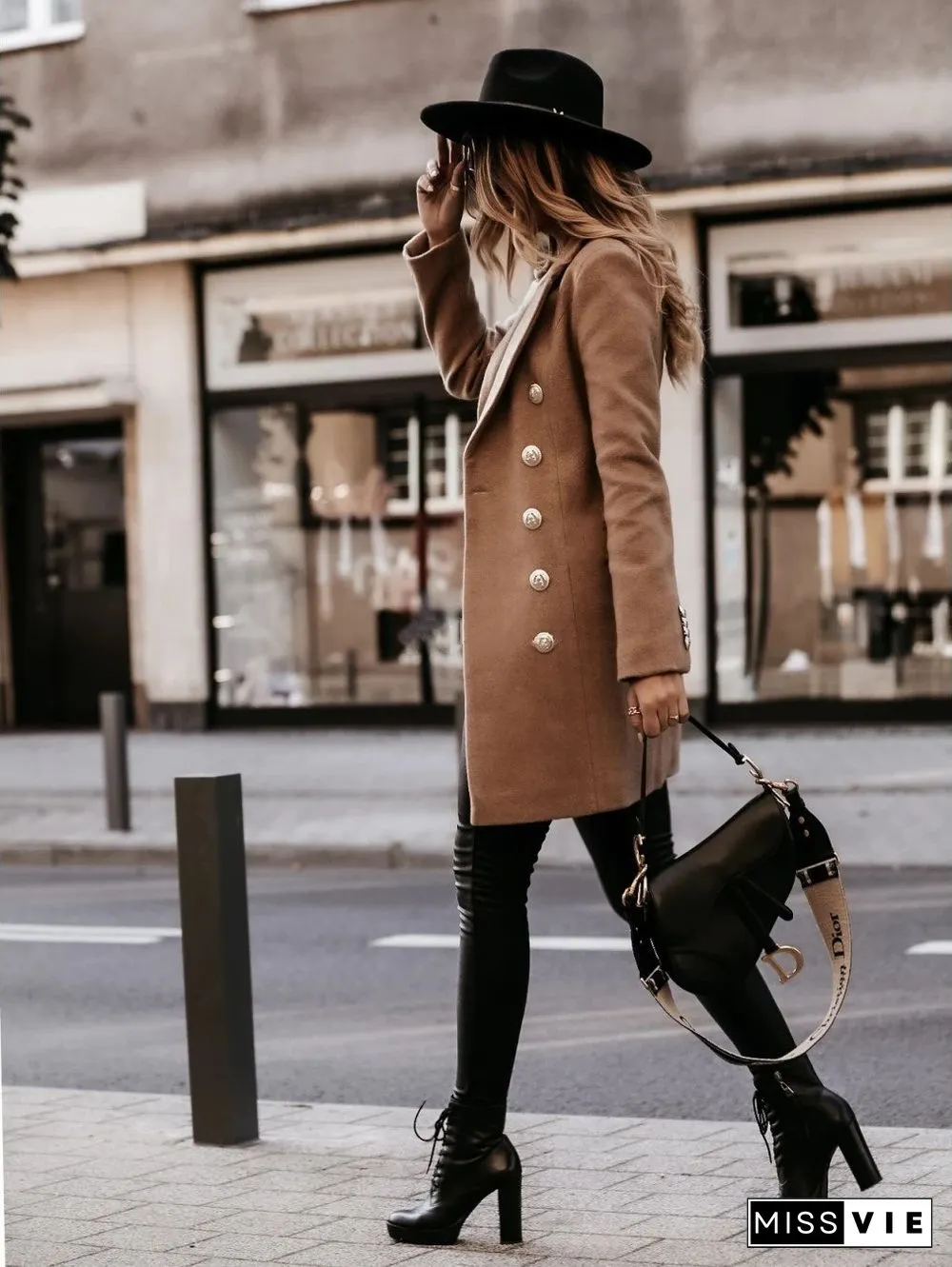 Lapel Slim Plain Long Coat