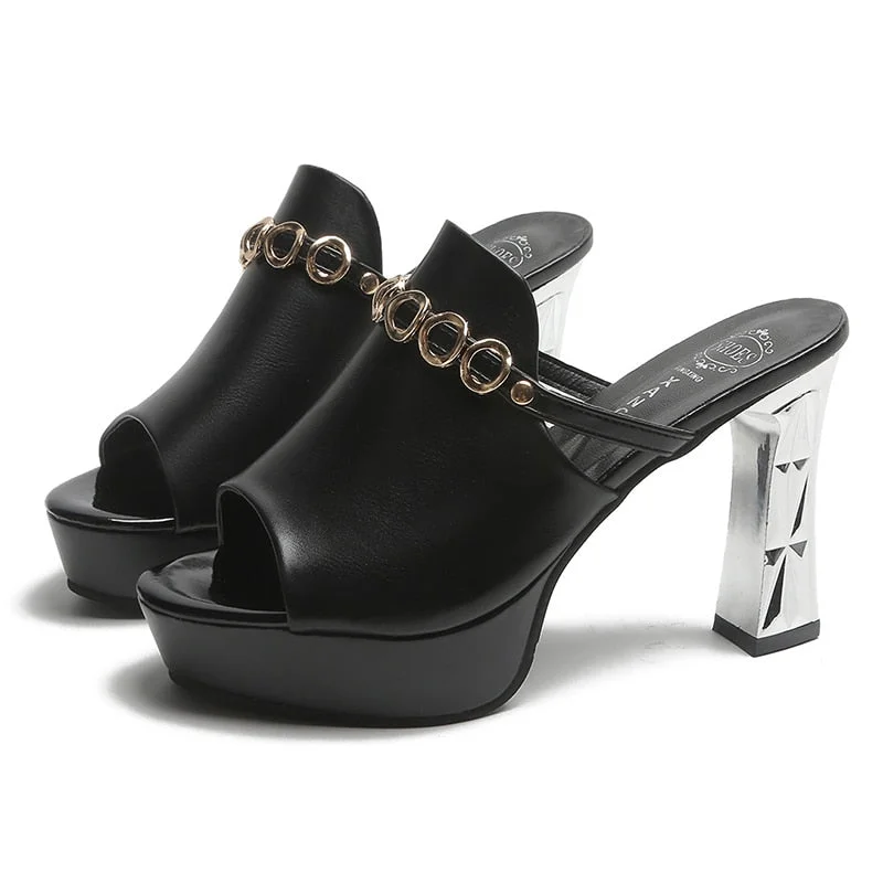 Ladies Leather Sole Slippers Women Sexy High Heel Mules Clogs Black Peep Toe Platform Mules Emal Slip on Sandals Shoes