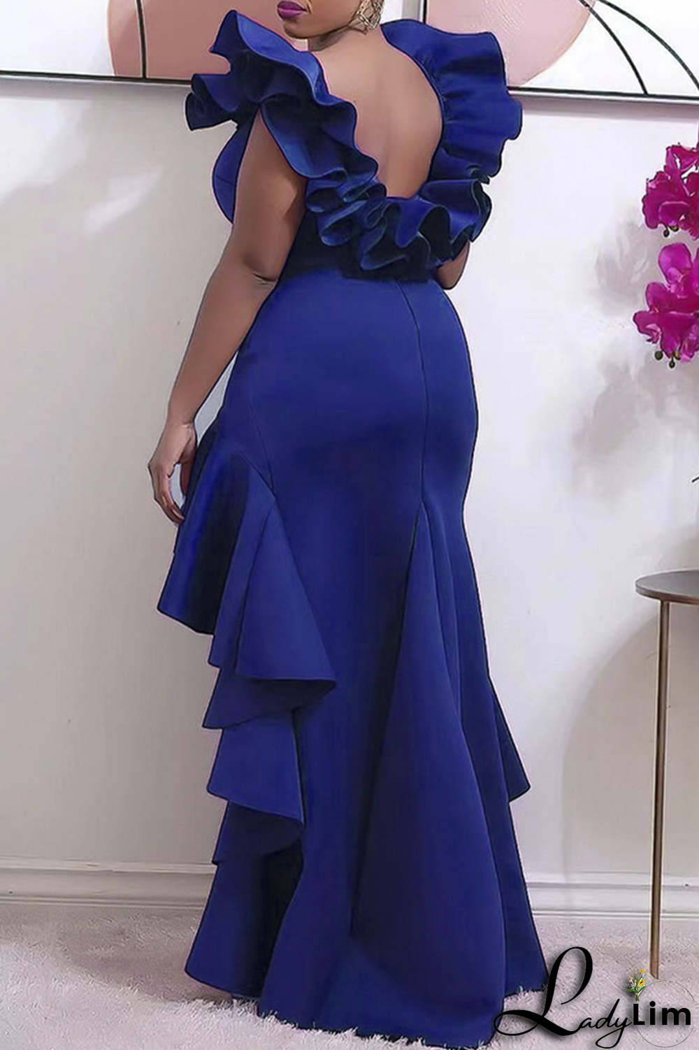 Blue Fashion Solid Flounce Square Collar Irregular Dress Plus Size Dresses