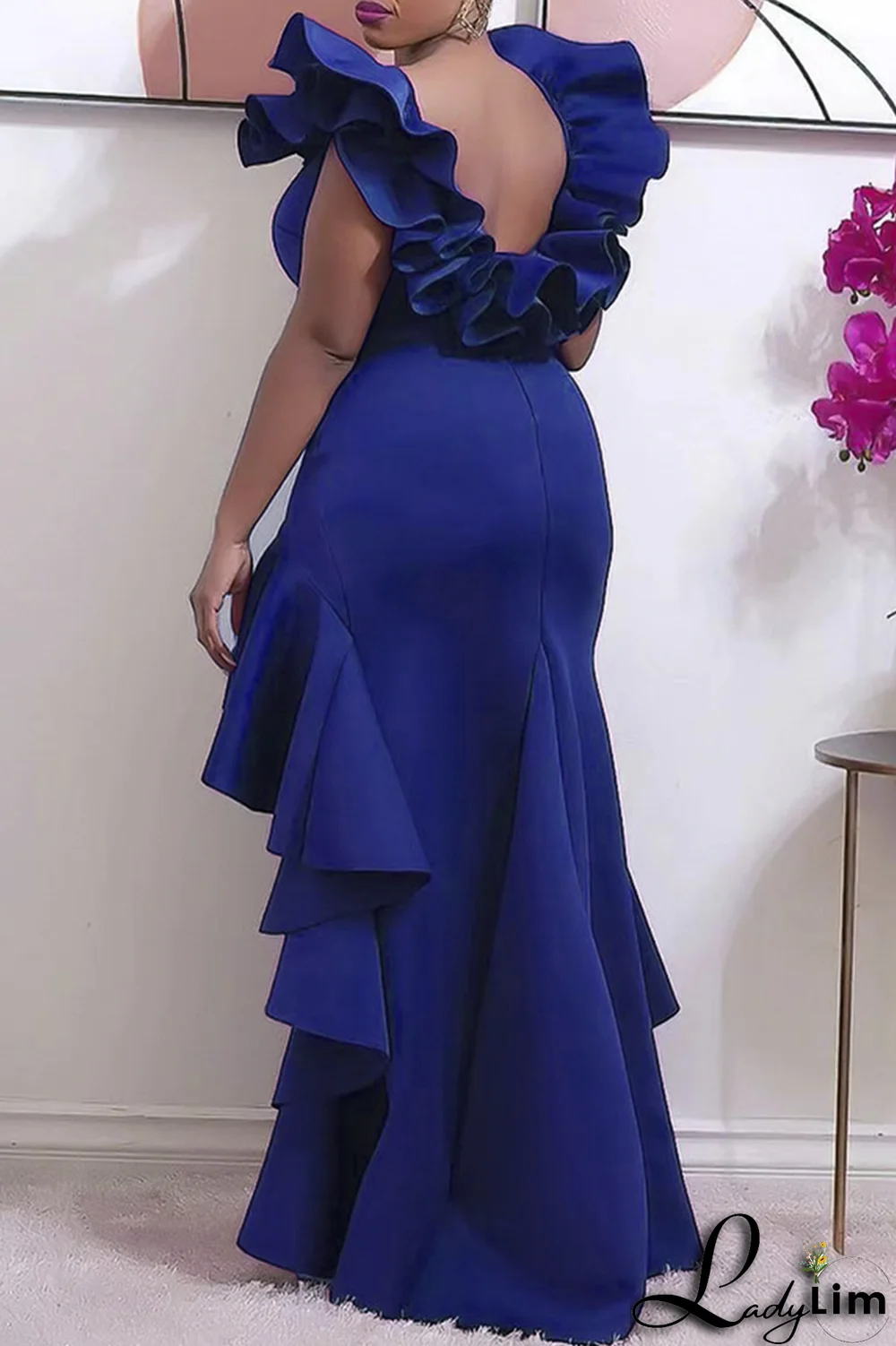 Blue Fashion Solid Flounce Square Collar Irregular Dress Plus Size Dresses