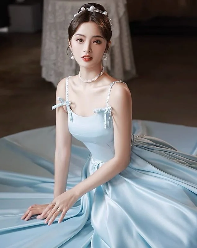 Princess Blue A line Satin Beaded Long Prom Dress, Blue Evening Dress Formal Dress