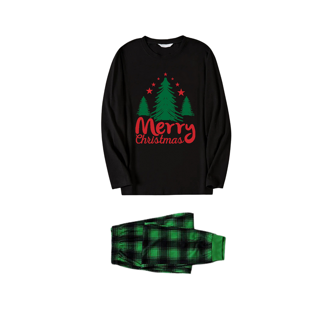 Merry Christmas Letter & Tree Printed Pattern Black Long Sleeve Top and Green & Black Plaid Pants Couple Matching Pajamas