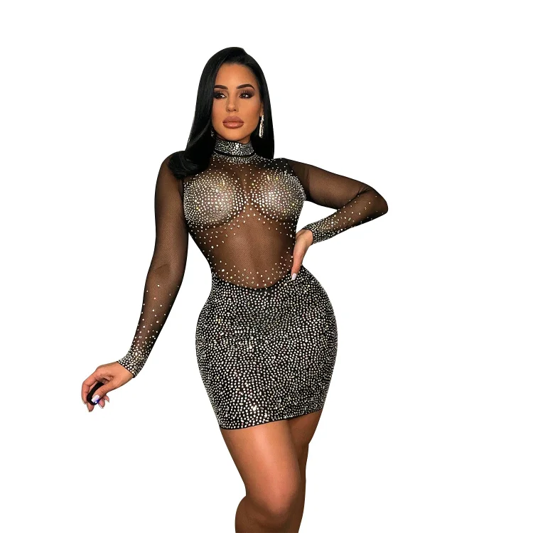 Kesha Black Dress Women's Fashion Sexy Mesh Long Sleeve Rhinestone Dress
