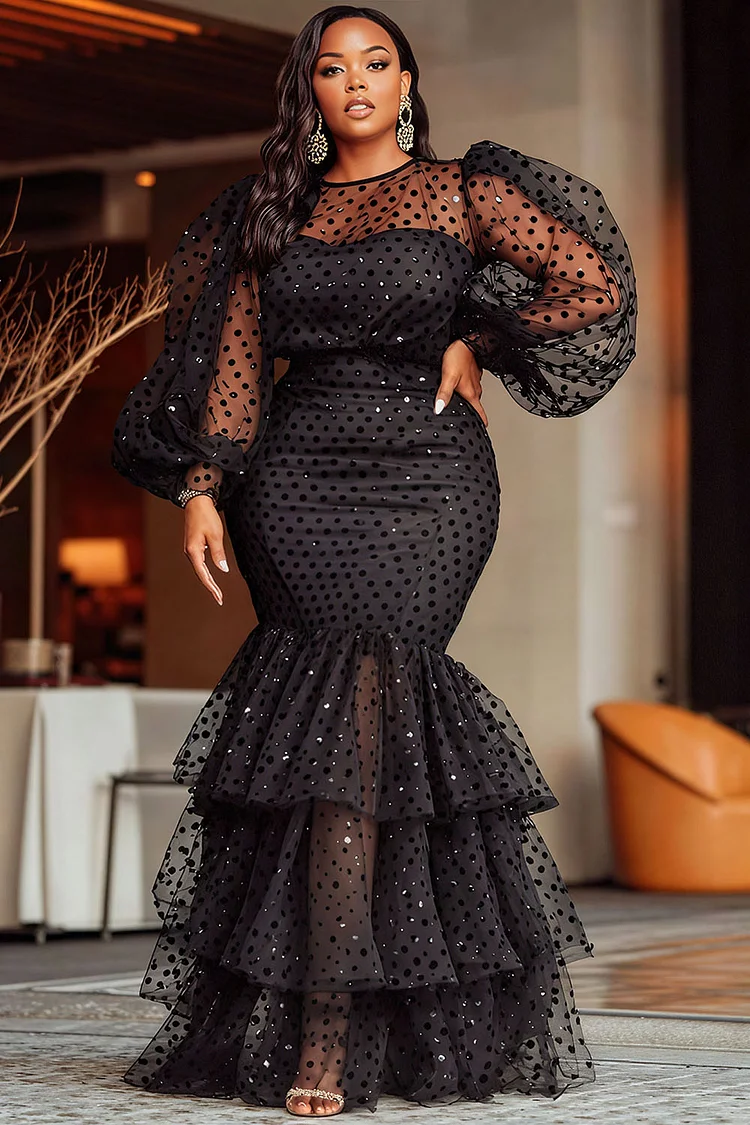 Xpluswear Design Plus Size Formal Black Round Neck Lantern Sleeve Long Sleeve Mermaid Vintage See Through Tulle Maxi Dresses [Pre-Order]