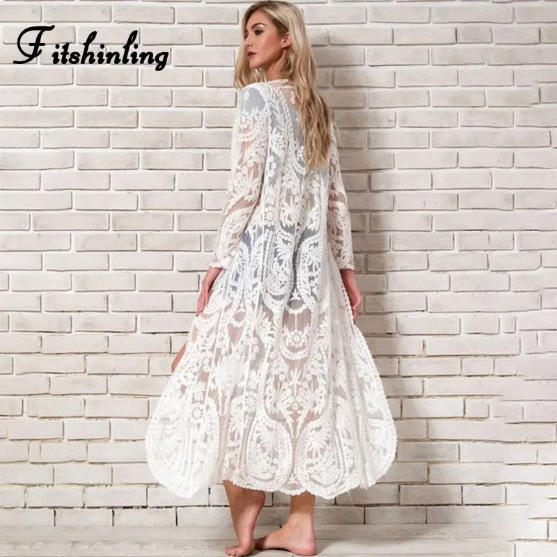 Fitshinling Bohemian White Beach Cover-Up Swimwear Sarong Embroidery Lace Kimono Sexy Transparent Long Cardigan Saida de Praia