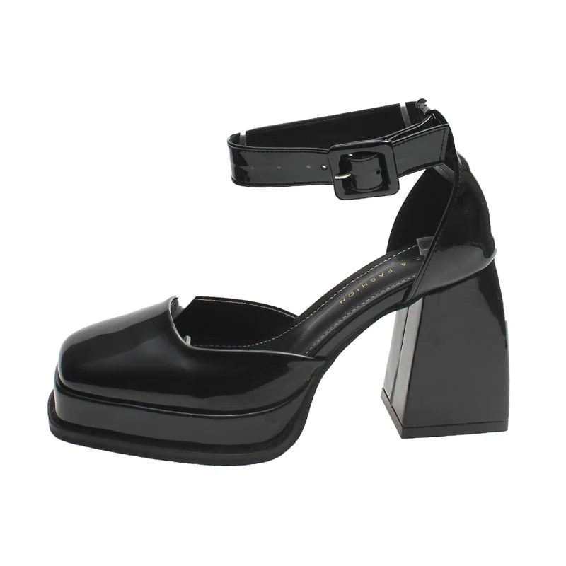 Retro Square Toe Ankle Strap Pumps Women Punk Gothic Thick High Heels Platform Shoes Woman Patent Leather Mary Jane Shoes