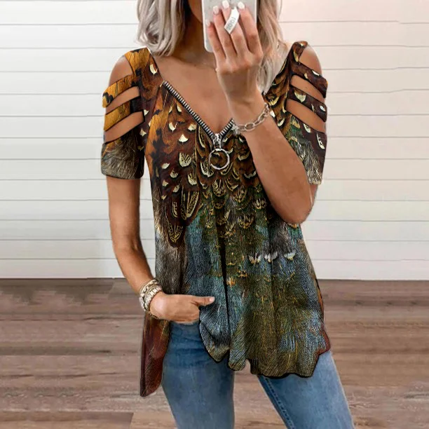 Weatern Feather Printed Zipper Casual T-Shirt
