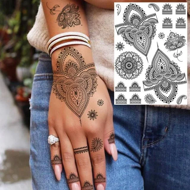 REJASKI Black Henna Lace Temporary Tattoos Sticker For WOmen Butterfly Moth Mehndi Flower Fake Tatoo Sticker Feather Flora Tatoo