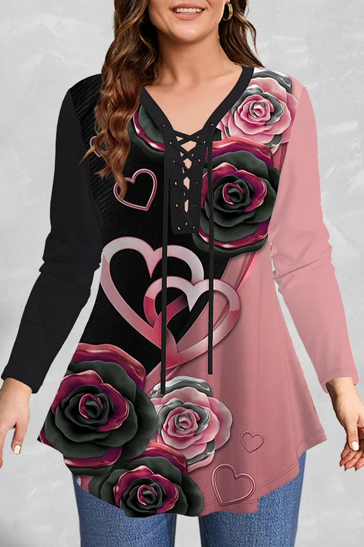 Flycurvy Plus Size Valentine'S Day Black Floral Heart Shaped Print Patchwork Lace-Up Blouse  Flycurvy [product_label]