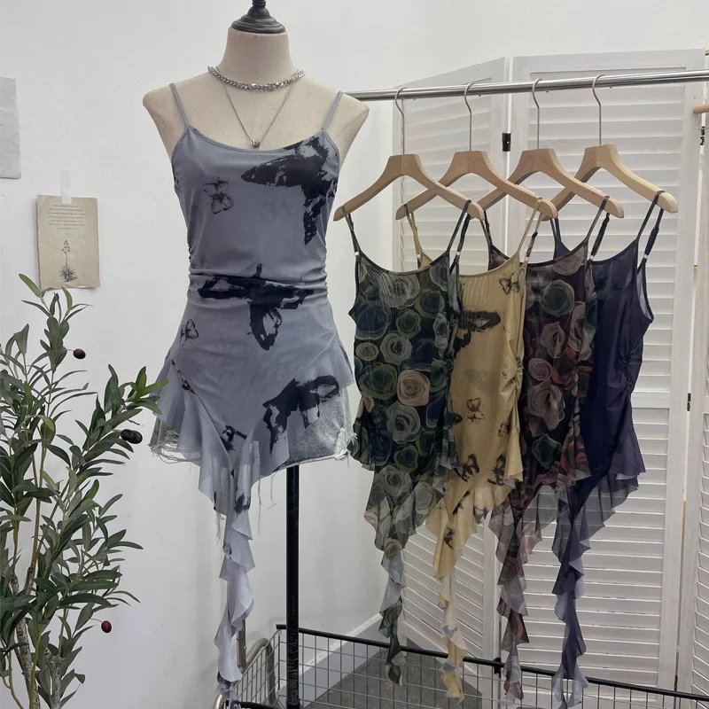 Uveng 辣bab Net Yarn Print Small Sling Vest Tidly Tidly Ribbon Ribbon Leaves Edge Sleeveless Top 9970