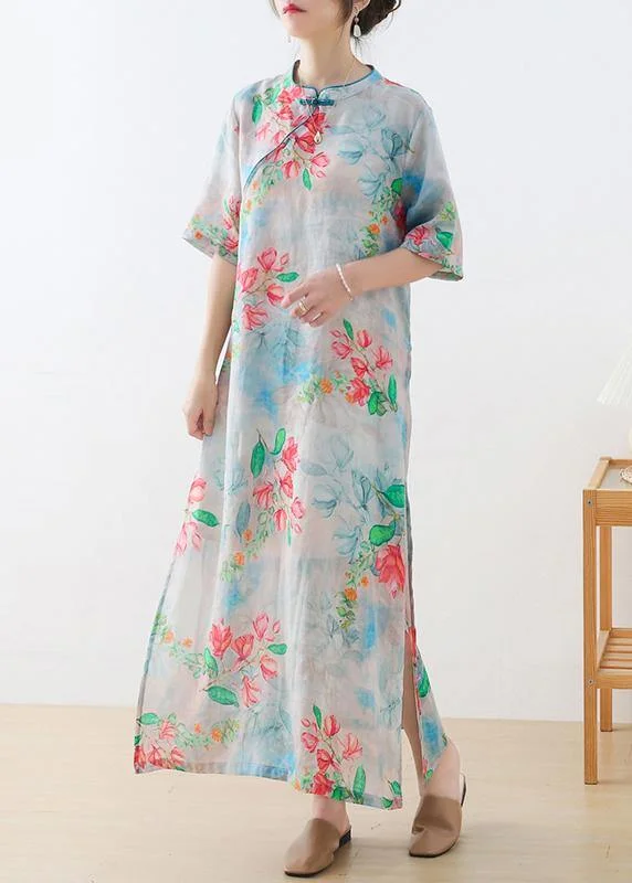 Casual Blue Print Oriental Dresses Summer Ramie