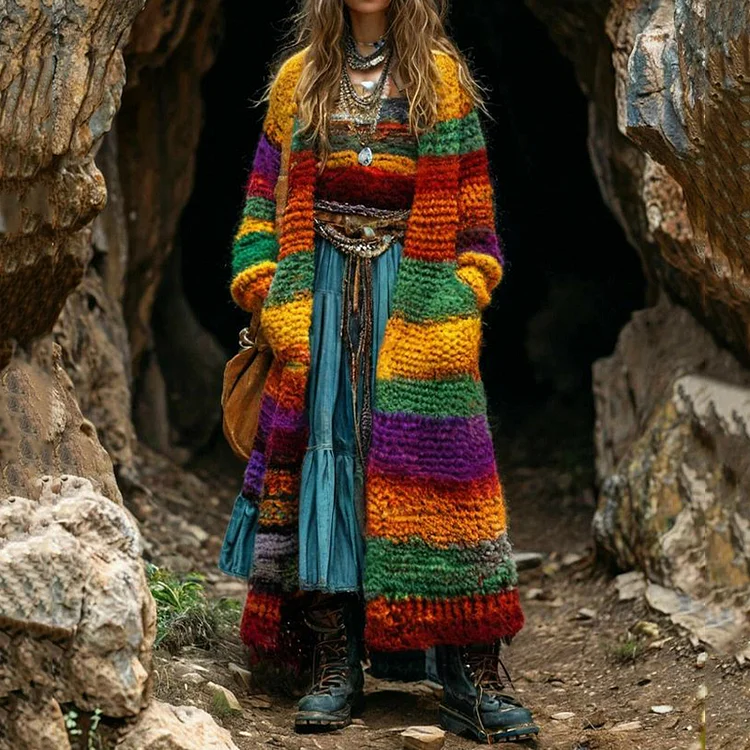 Women's Colorful Rainbow Patchwork Pattern Print Cardigan