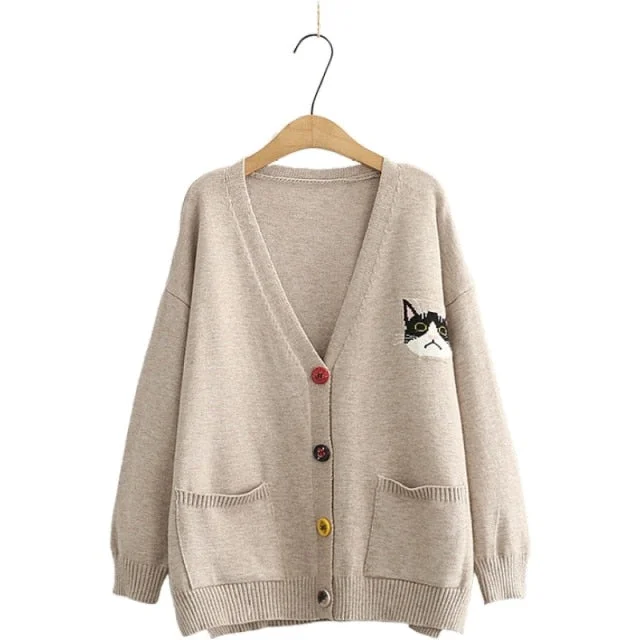 Cartoon Cat Embroidery Casual Knitted Sweater BE072
