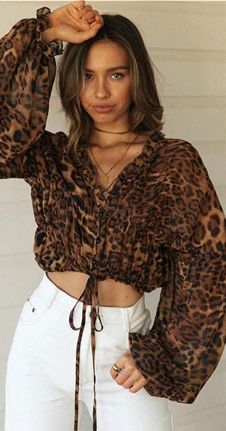 Billlnai Graduation Gifts 2023 Chiffon Leopard Printed Women's Blouses Autumn Sexy V-neck Ruched Drawstring Bandage Shirt Casual Long Sleeve Tops
