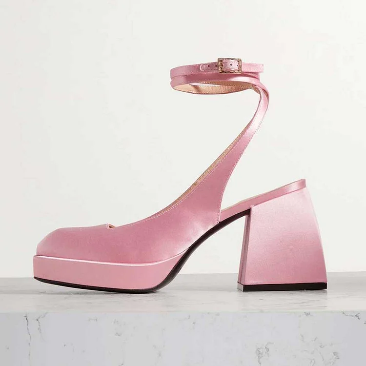 Pink Satin Square Toe Shoes Chunky Heel Ankle Strap Platform Pumps |FSJ Shoes