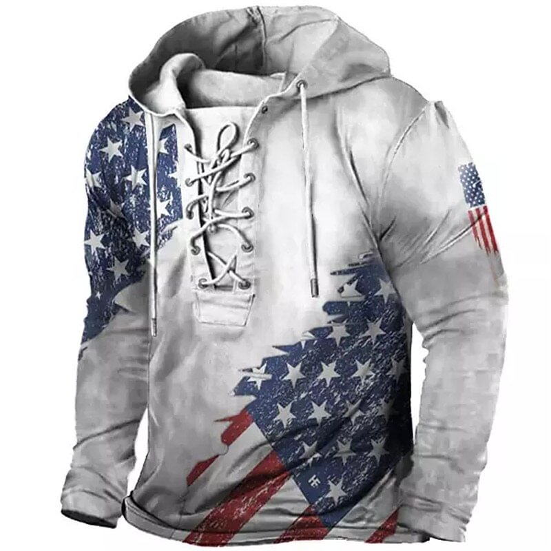 Men‘s Retro Flag Printed Long Sleeve Lace-Up Hoodie
