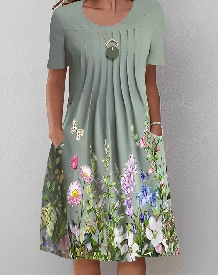 Floral A-Line Short Sleeve Crew Neck Dresses