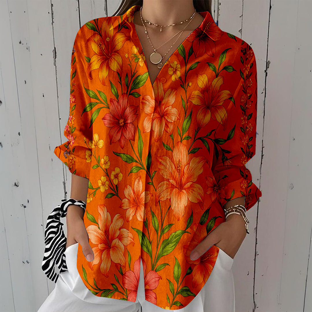 Women Long Sleeve V-neck Graphic Floral Printed Top