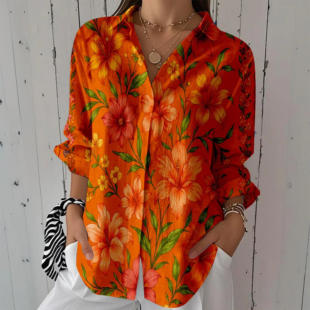 Style & Comfort for Mature Women Women Tropical, Floral, Orange DZCL0080 3/4 Sleeve Shirt Collar Printed Button Tops