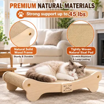 BEBANG Cat Scratcher for Indoor Cats, Curved Natural Sisal Cat Scratching Board with Solid Wood Frame, 2-in-1 Cat Scratcher Bed & Lounge for Large Cats, 23.6 Inch