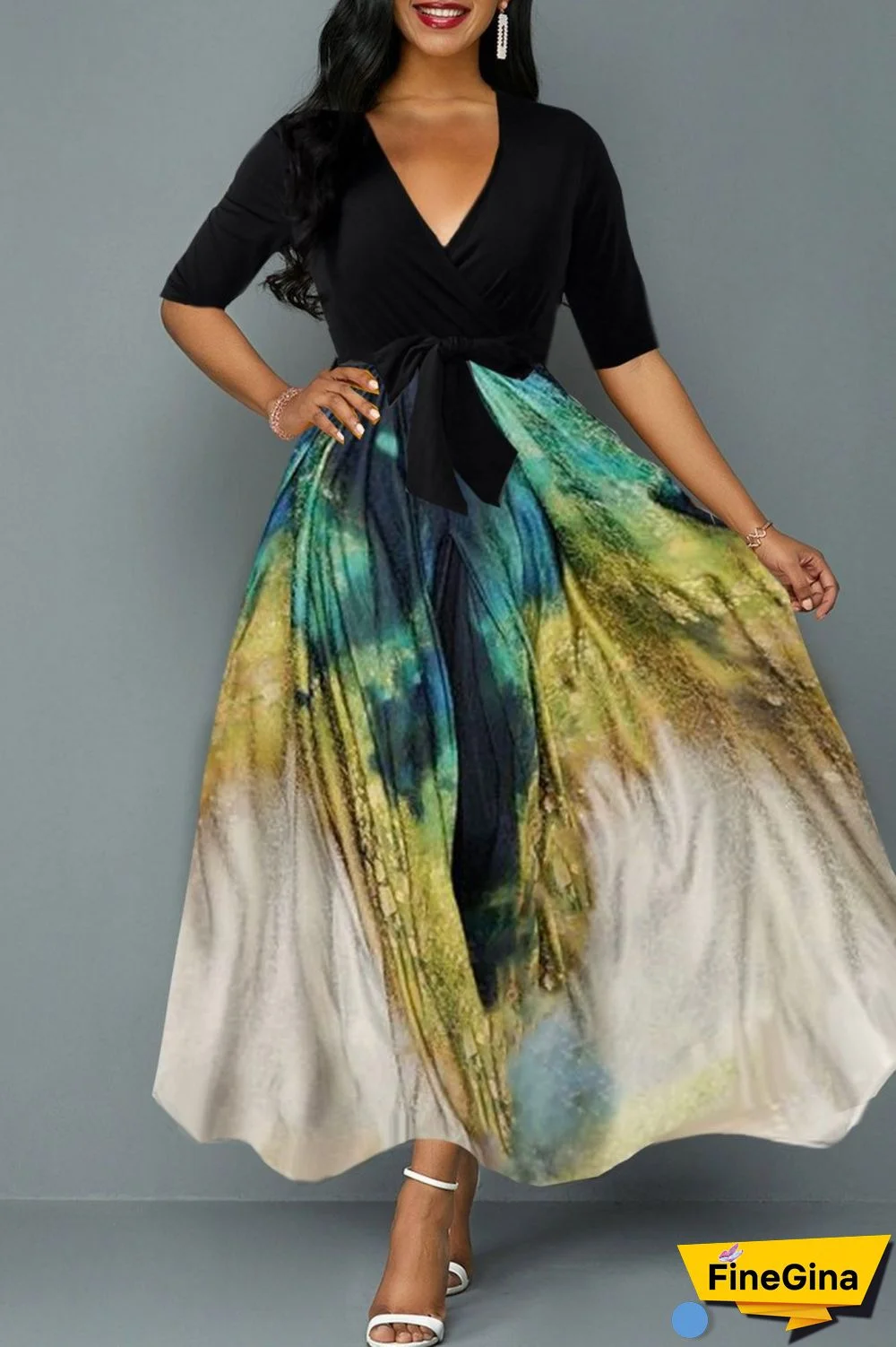 Colour Casual Print Patchwork V Neck Long Dress Dresses