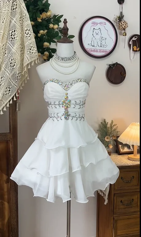White Beaded Short Chiffon Homecoming Dress Party Dress Prom Dress
