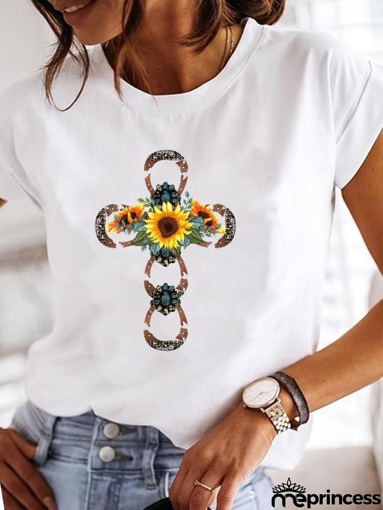 Women Fashion Base Letter Sunflower Cross Print Round Neck Short Sleeve T-Shirt