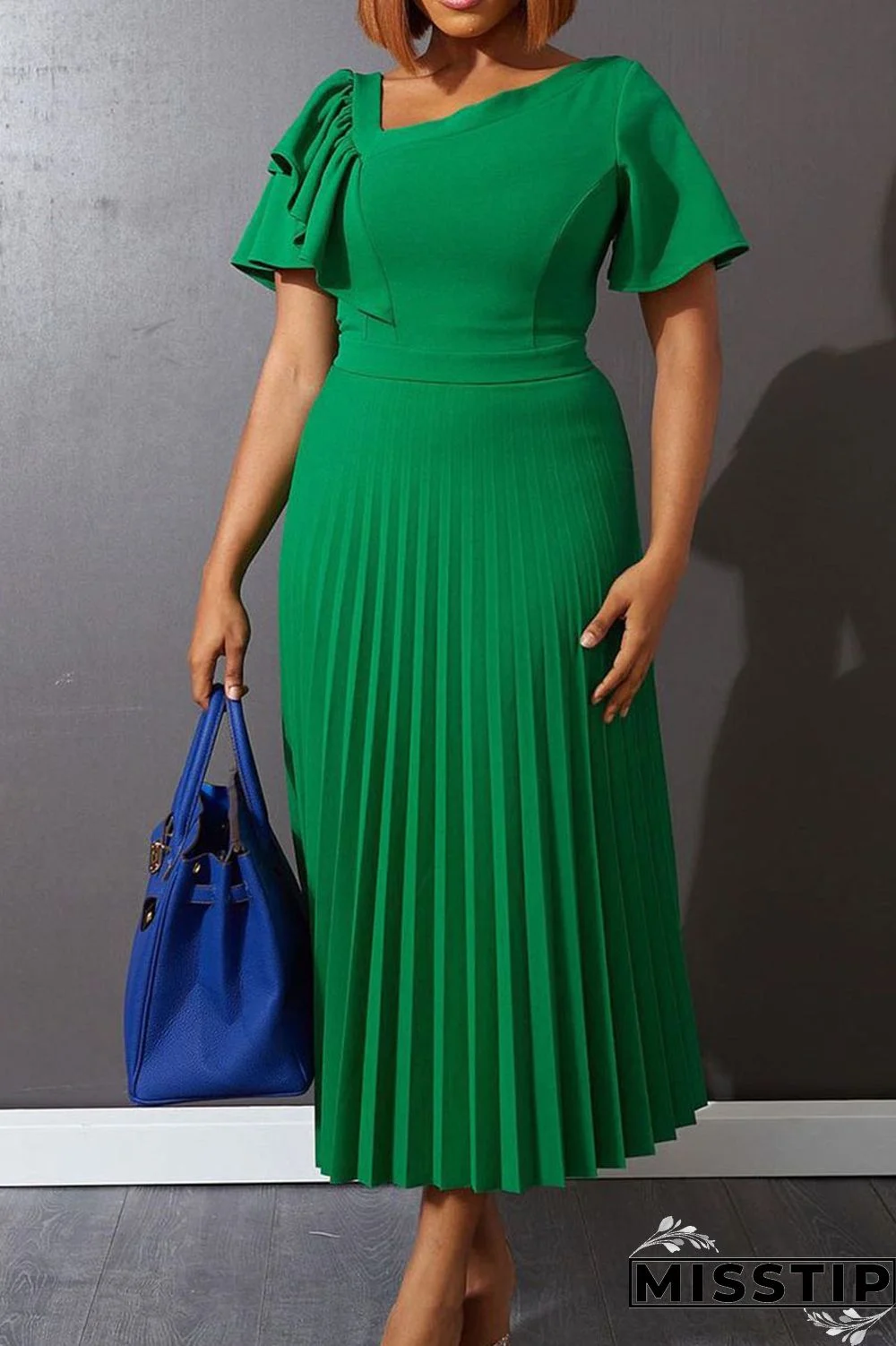 Green Casual Solid Patchwork Flounce Fold Asymmetrical Collar Straight Dresses