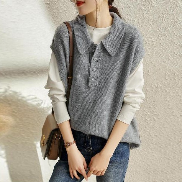 Gray Buttoned Shift Solid Sleeveless Vests
