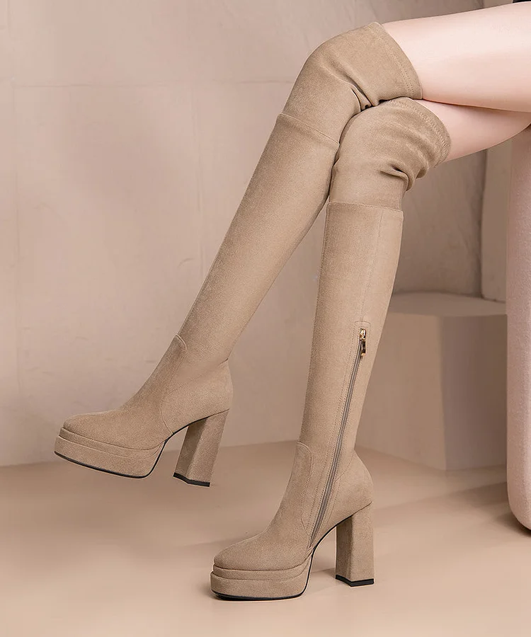 Khaki Knee Boots High Heel Suede Simple Splicing Zippered