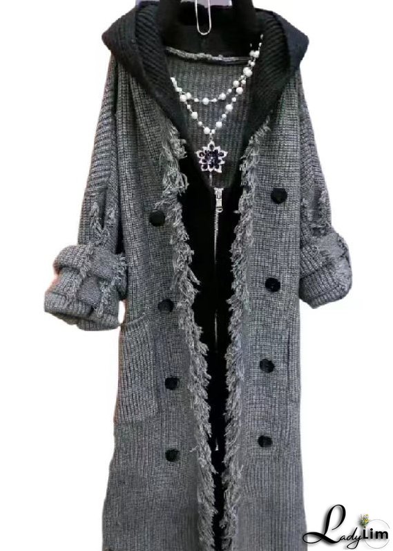 Fashion Beige Tasseled Patchwork Knit Hooded Coat Fall