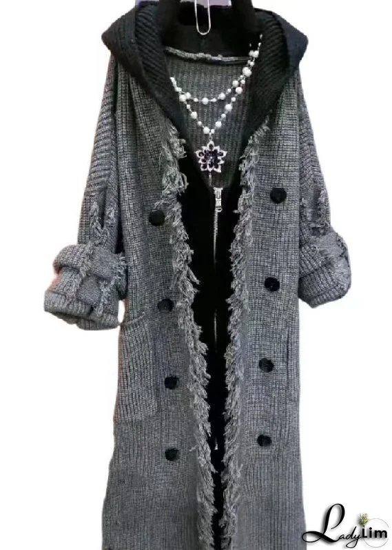 Fashion Beige Tasseled Patchwork Knit Hooded Coat Fall