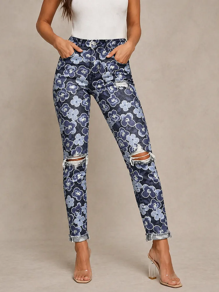 Women's Fashion Retro Graffiti Floral Print Artistic Print Casual High-waisted Ripped Skinny Jeans