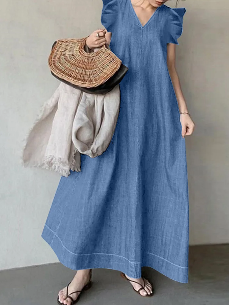 Dressy Oversized V-neck Ruffled Sleeve Denim Dress