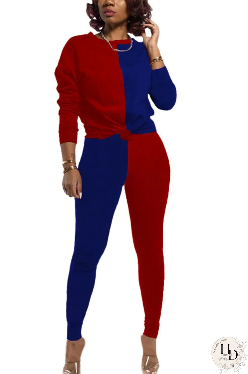 rose red and blue Polyester Sexy Patchwork Solid pencil Long Sleeve Two Pieces