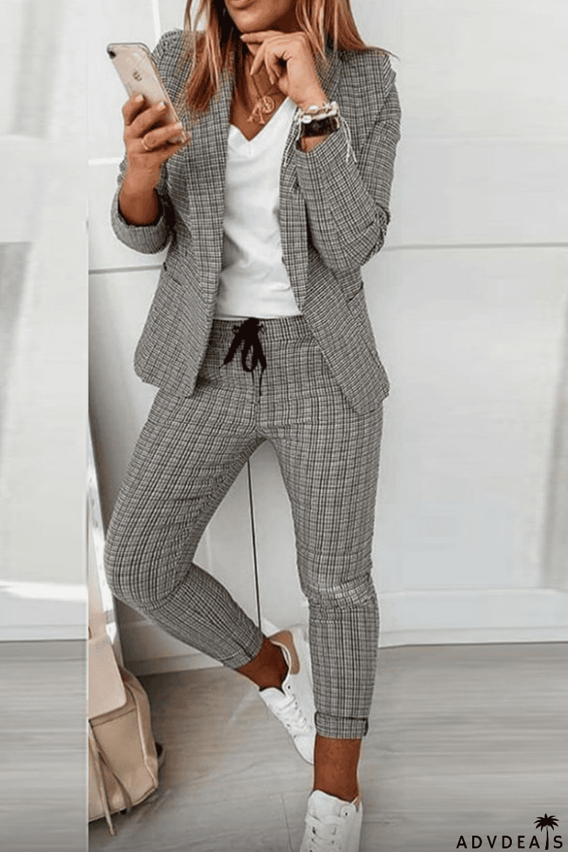 Casual Street Plaid Patchwork Turndown Collar Long Sleeve Two Pieces