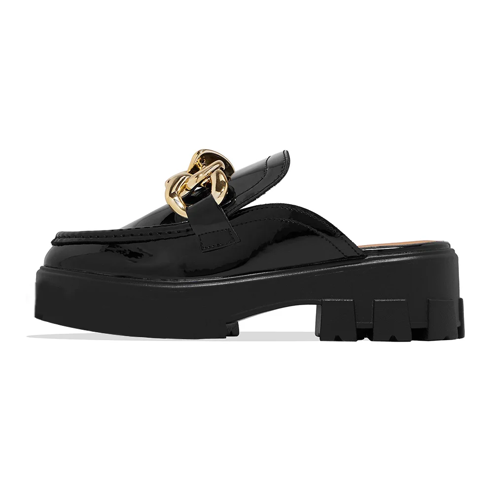 Black Patent Leather Flats With Gold Chain Decor For Women Nicepairs