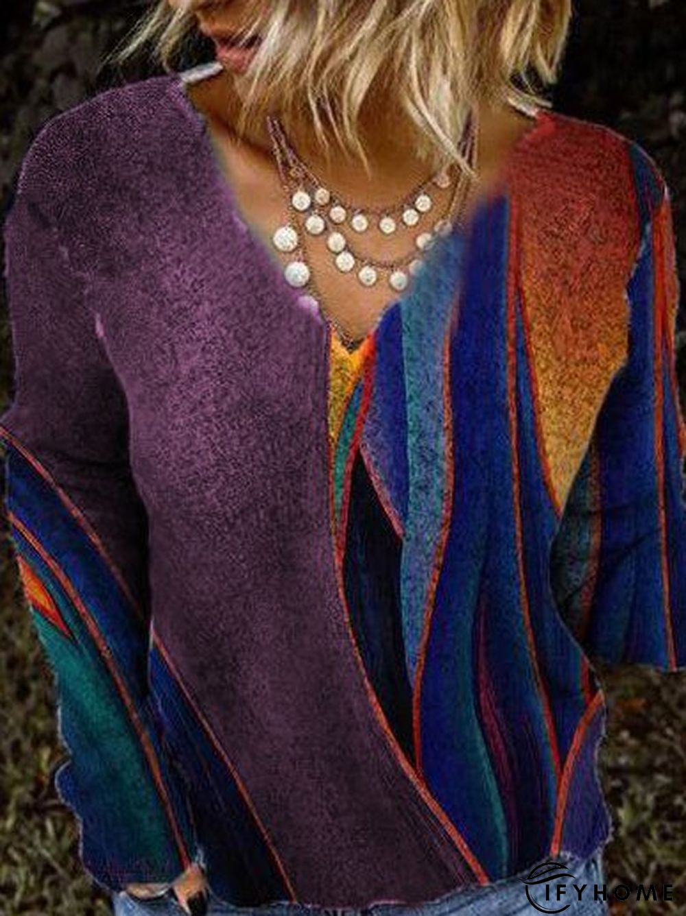 Women Casual Vintage Geometric color-block V Neck Shift Long Sleeves Top | IFYHOME