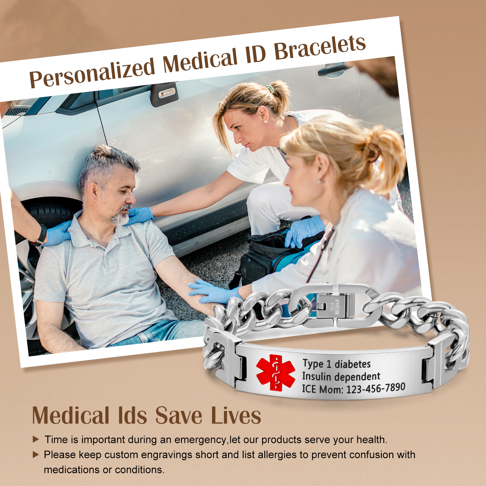 Personalized Medical Alert Bracelet ID Wristbands Stainless Steel Emergency Black Bracelet