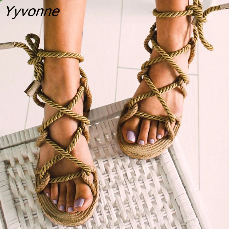 Yyvonne Women Sandals 2023 Fashion Summer Shoes Woman Flat Sandals Hemp Rope Lace Up Gladiator Sandals Non-slip Beach Chaussures Femme