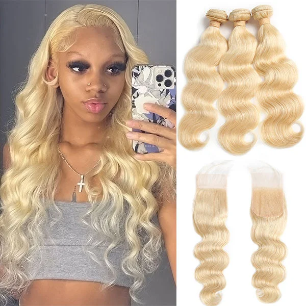 613 Blonde Color Hair 3 Bundles With Lace Closure Body Wave Brazilian Hair ELCNEPAL