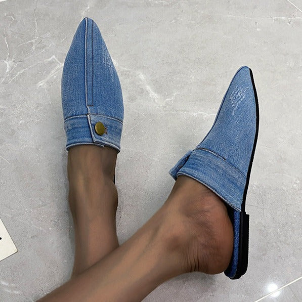 Women's denim closed toe sandals Flat pointed toe mules