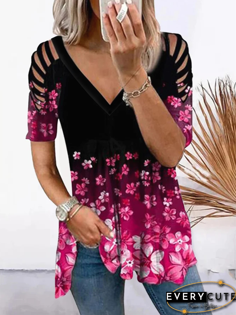 Romantic Casual Hollow Off Shoulder V-Neck Cherry Blossom Print Short Sleeve T-Shirt
